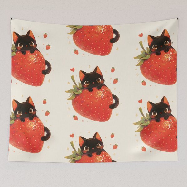 Item preview, black cat on a strawberry designed and sold by MendaciousMina.
