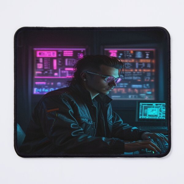 Item preview, Cyberpunk Hacker with Neon Screens in 1980s Tech Room designed and sold by PrintPulse-9.