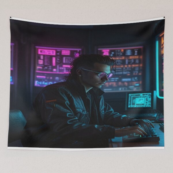Item preview, Cyberpunk Hacker with Neon Screens in 1980s Tech Room designed and sold by PrintPulse-9.