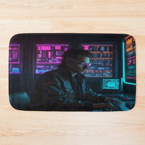 Item preview, Cyberpunk Hacker with Neon Screens in 1980s Tech Room designed and sold by PrintPulse-9.