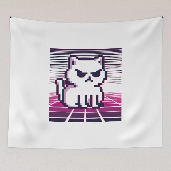 Item preview, Pixelated White Cat with Sunglasses | Neon Grid Background Art designed and sold by TurtleDojo.