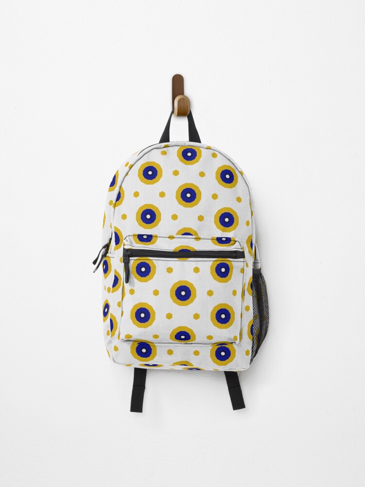 Backpack, Geometric Navy And Gold Colorful Bullseyes And Hexagons designed and sold by Triplicate Limited