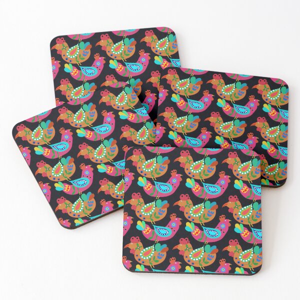 Item preview, Chicken Folk Art, Fiesta Cluckers, Colorful Birds Pattern, Roosters, Black Background designed and sold by Stephanie Rowan.