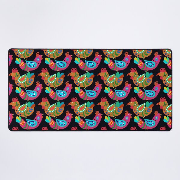 Item preview, Chicken Folk Art, Fiesta Cluckers, Colorful Birds Pattern, Roosters, Black Background designed and sold by Stephanie Rowan.