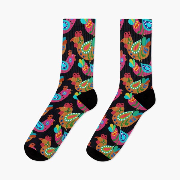 Item preview, Chicken Folk Art, Fiesta Cluckers, Colorful Birds Pattern, Roosters, Black Background designed and sold by Stephanie Rowan.