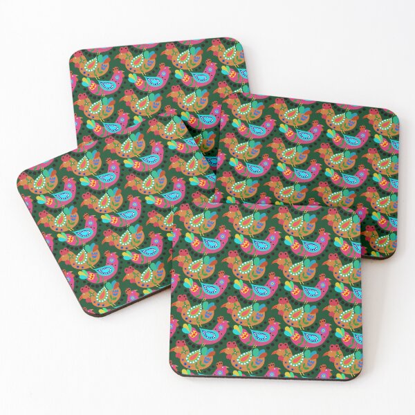Item preview, Chicken Folk Art, Fiesta Cluckers, Colorful Birds Pattern, Roosters, Green Background designed and sold by Stephanie Rowan.