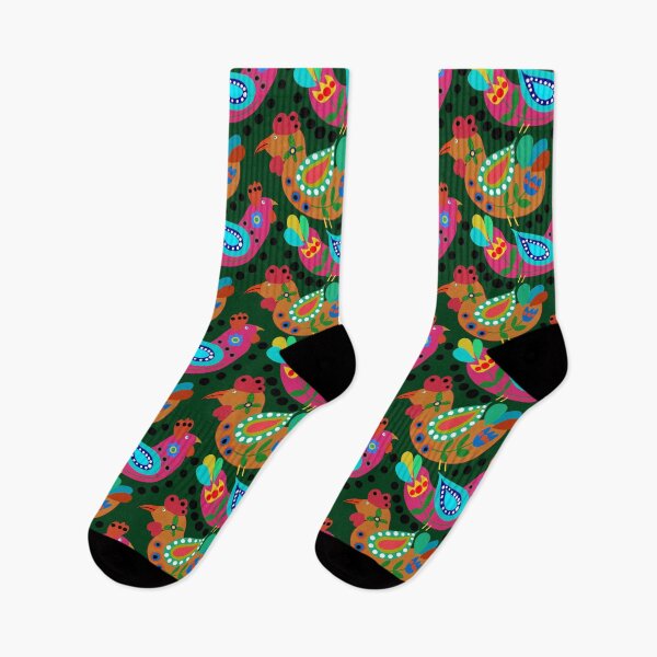 Item preview, Chicken Folk Art, Fiesta Cluckers, Colorful Birds Pattern, Roosters, Green Background designed and sold by Stephanie Rowan.