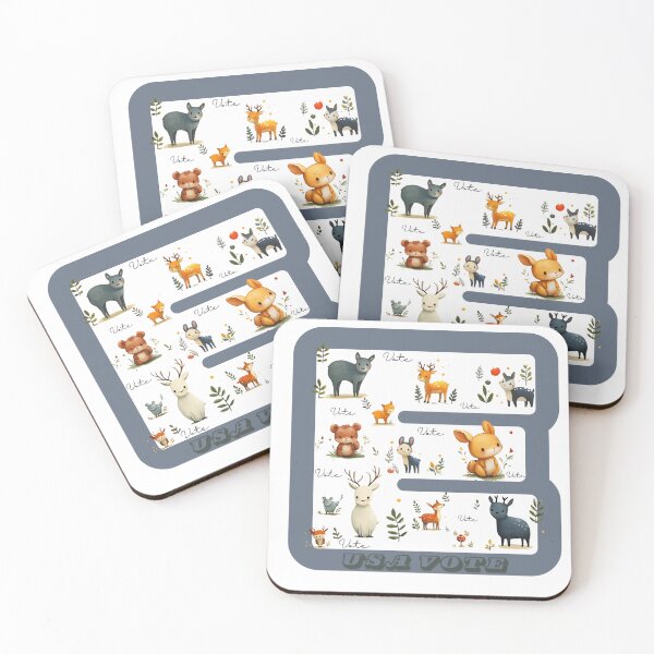 Item preview, cartoon drawings, watercolor paintings, vintage style, cute wild animals, birds, deer, rabbits, mice, wolves, mushrooms, leaves, with the word "vote" and the letters E designed and sold by CHOKCHAIVONGDEE.