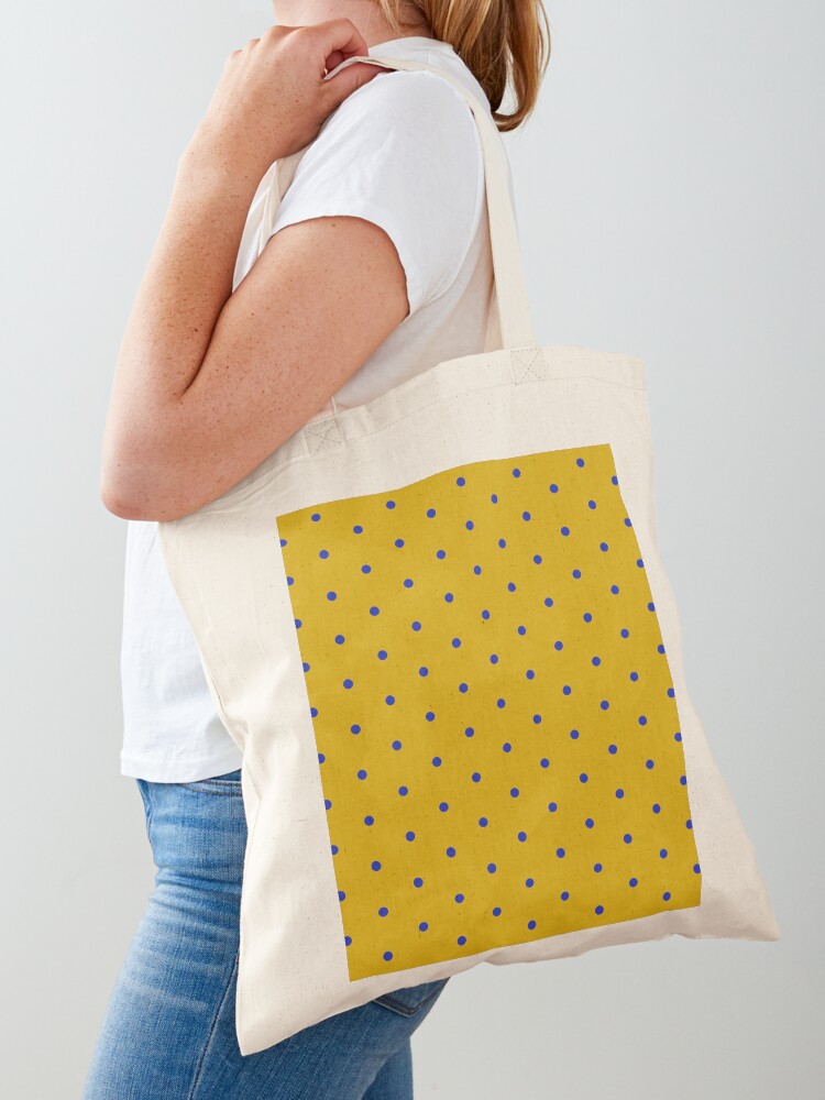 Tote Bag, Geometric Navy And Gold Egyptian Blue Polka Dots On Mustard Yellow designed and sold by Triplicate Limited