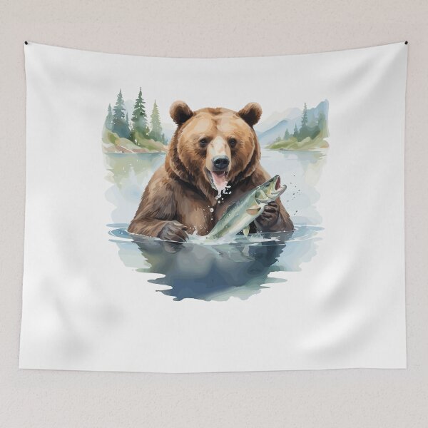 Item preview, Watercolor Bear Catches a Fish in the River designed and sold by MaateoDesign.