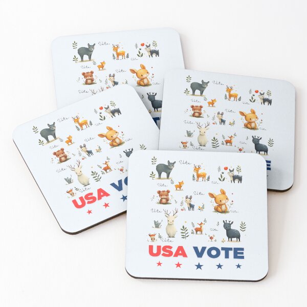 Item preview, USA Election Design, cartoon drawings, watercolor paintings, vintage style, cute wild animals, birds, deer, rabbits, mice, wolves, mushrooms, leaves, with the word "vote"  designed and sold by CHOKCHAIVONGDEE.
