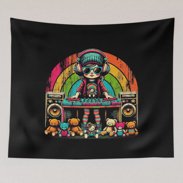 Aperçu de l'œuvre DJ Girl rétro - Ambiance arc-en-ciel et ours en peluche créée et vendue par Tabu Touch.
