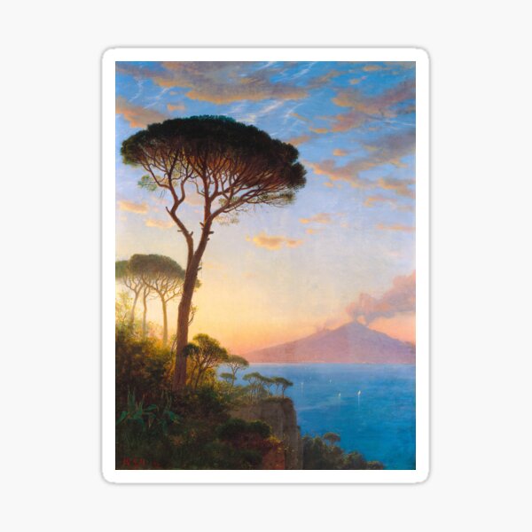 Item preview, Mount Vesuvius at Dusk, Bay of Naples, Italy | nautical pink sunrise landscape painting oil on canvas print | by William Stanley Haseltine  designed and sold by Jéanpaul  Ferro.