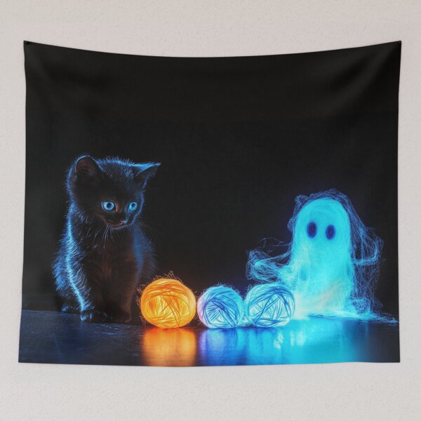 Item preview, Cute Black Halloween Kitten, Yarn, and Glowing Ghost designed and sold by noisyduck.