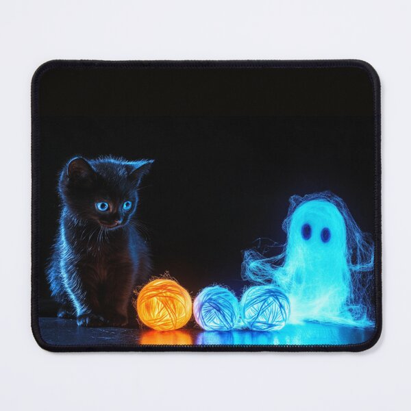 Item preview, Cute Black Halloween Kitten, Yarn, and Glowing Ghost designed and sold by noisyduck.