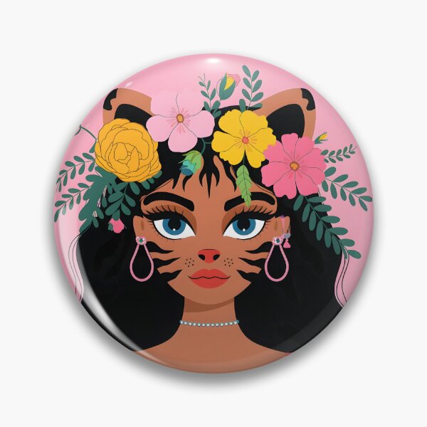 Item preview, Tiger girl vector art with floral head and tiger striped face skin cute and long black wavy hair designed and sold by EmeraldeaArt.