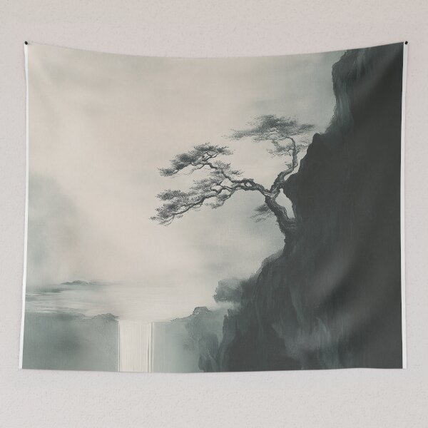 Item preview, Japandi Serene Cliffside Waterfall with Bonsai Tree designed and sold by Torii Studio.