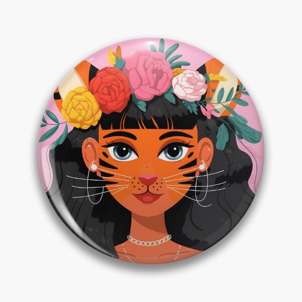 Item preview, Cute Tiger girl with floral headband long black wavy hair and tiger striped face skin in vector style  designed and sold by EmeraldeaArt.