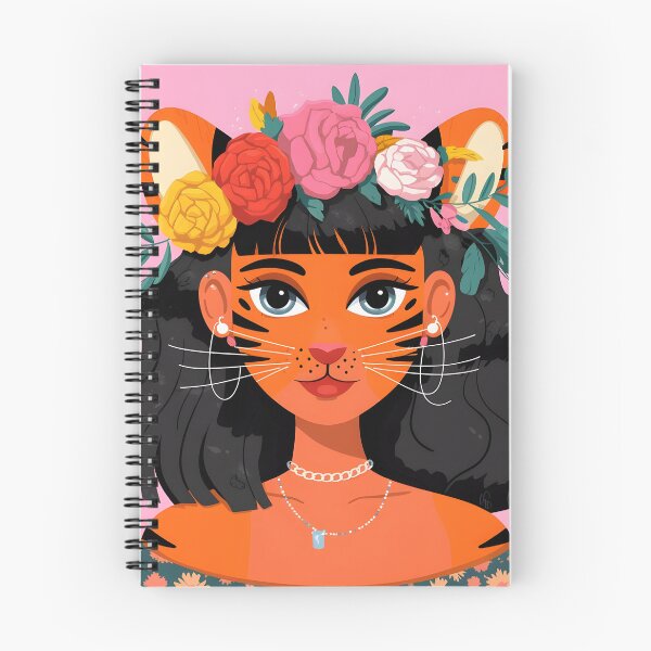 Item preview, Cute Tiger girl with floral headband long black wavy hair and tiger striped face skin in vector style  designed and sold by EmeraldeaArt.