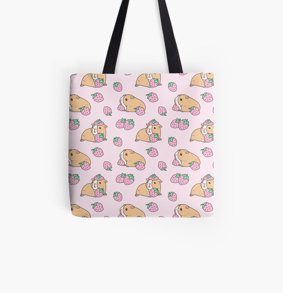Pink Guinea Pig and Strawberry Pattern All Over Print Tote Bag