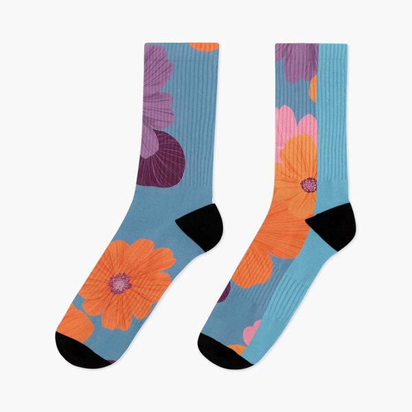 Artikelvorschau, Orange und rosa Blumen auf blauem Hintergrund entworfen und verkauft von hermarartonline.