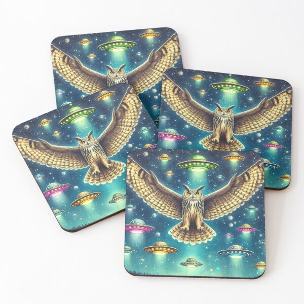 Item preview, Cosmic Owl Nightscape - UFOs in the sky designed and sold by Nostalgia Busters.