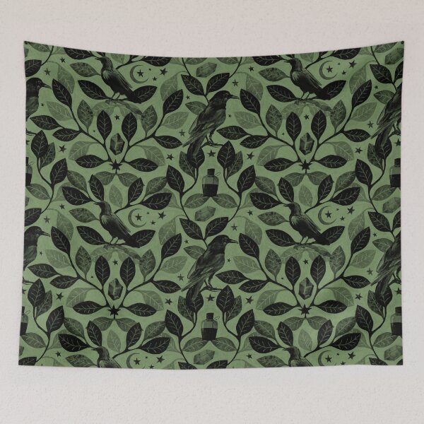 Item preview, Green Witchy magick raven & crystal watercolor pattern in black and sage designed and sold by RedFinchDesigns.
