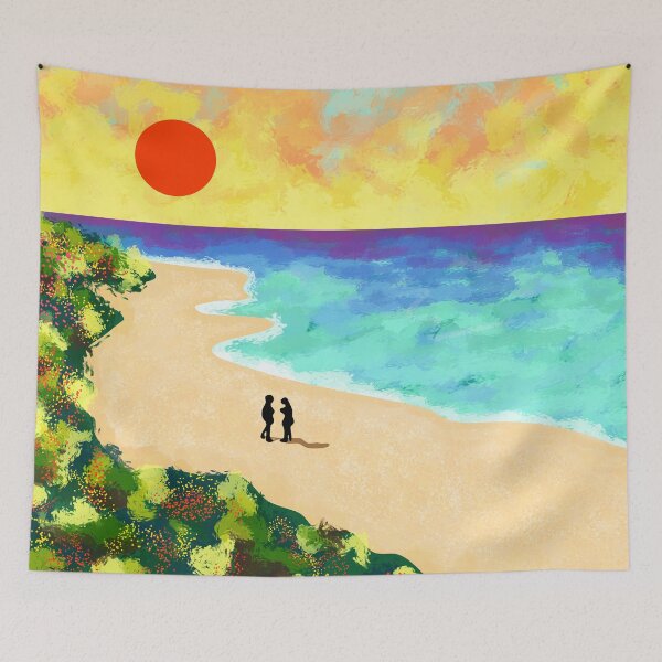Item preview, Golden Glow, Vibrant Beach Sunset, Nature Lover Inspired Coastal Landscape, Evening Ocean Sunset, Greenery beside the coastal line  designed and sold by Kintsugi99.