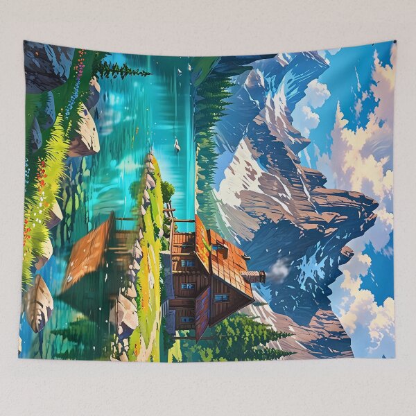 Item preview, Idyllic Mountain Lake landscape retro anime comic poster designed and sold by BorgSpareParts.