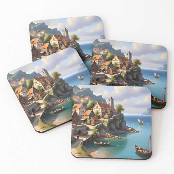 Item preview, Idyllic fishing village landscape painting retro fantasy poster designed and sold by BorgSpareParts.
