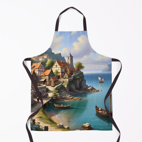 Item preview, Idyllic fishing village landscape painting retro fantasy poster designed and sold by BorgSpareParts.