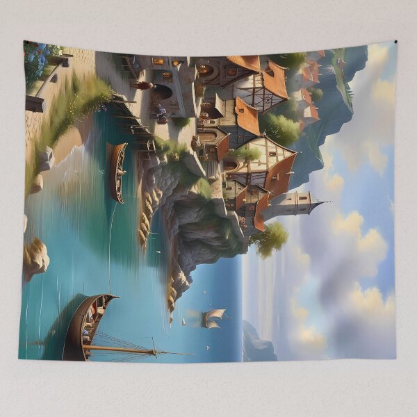 Artikelvorschau, Idyllisches Fischerdorf Landschaftsmalerei Retro Fantasy Poster entworfen und verkauft von BorgSpareParts.