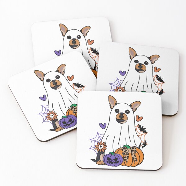 Item preview, Min Pin Halloween Ghost Dog, Pumpkins, Bow, Flowers, Bats, Spider web, Pet, Bark, Paw, Animal lover designed and sold by MrsCreative1.