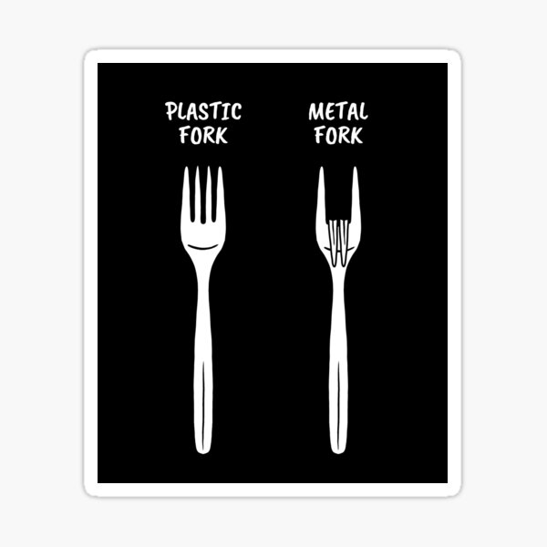 Vista previa del artículo con la obra «Tenedor de plástico vs. tenedor de metal Juego de palabras divertido sobre tenedores», diseñado y vendido por petestyles.