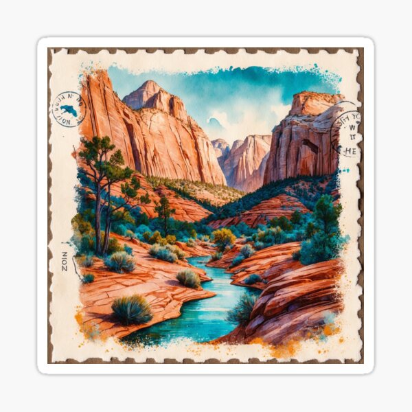 Vista previa del artículo con la obra «Postal de viaje retro vintage del Parque Nacional Zion», diseñado y vendido por TravelPostcardGems.