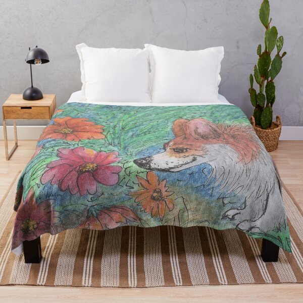 Item preview, Corgi dog sniffing flowers in the garden designed and sold by SusanAlisonArt.