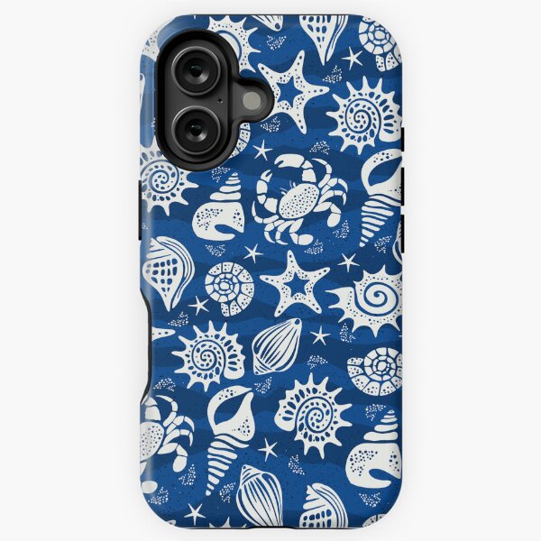 Item preview, Coastal Nautical Seashells Starfish and Crabs in Navy Blue designed and sold by EliveraDesigns.