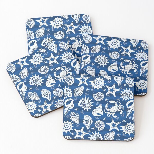 Item preview, Coastal Nautical Seashells Starfish and Crabs in Navy Blue designed and sold by EliveraDesigns.