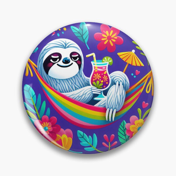 Item preview, Scandinavian Folk Art cute Sloth relaxing in a hammock with a tropical cocktail designed and sold by FOLK ART FUSION by heidiannemorris.