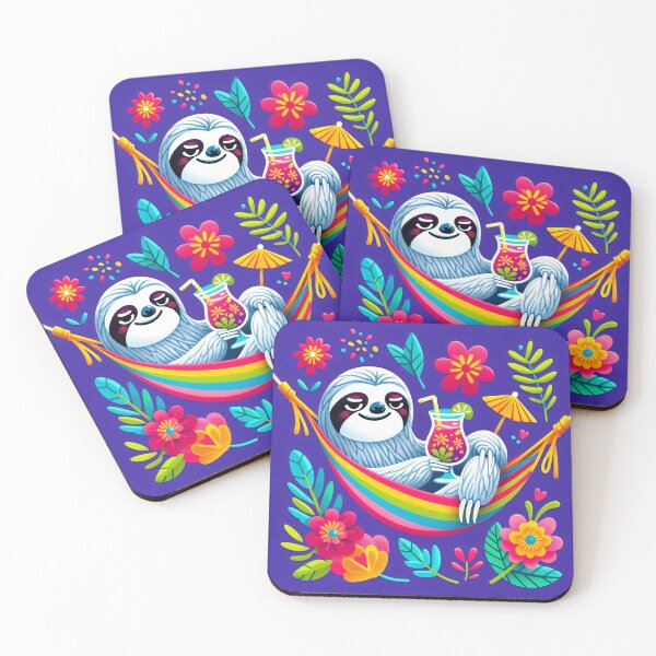 Item preview, Scandinavian Folk Art cute Sloth relaxing in a hammock with a tropical cocktail designed and sold by FOLK ART FUSION by heidiannemorris.