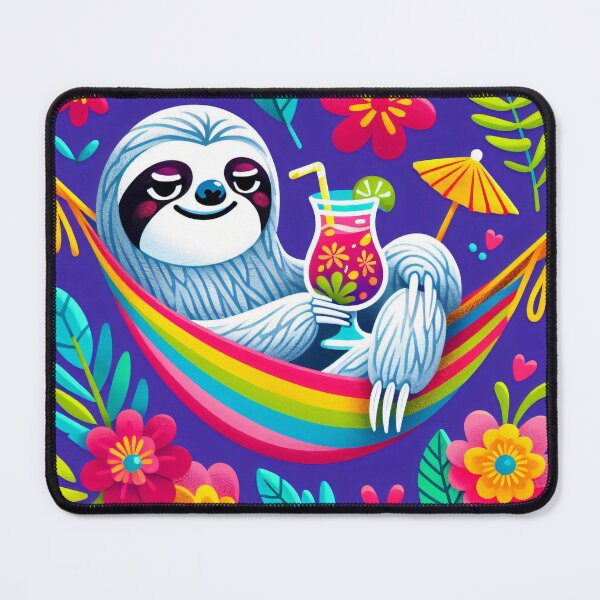 Item preview, Scandinavian Folk Art cute Sloth relaxing in a hammock with a tropical cocktail designed and sold by FOLK ART FUSION by heidiannemorris.
