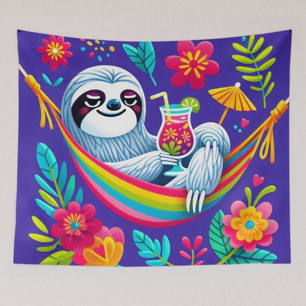Item preview, Scandinavian Folk Art cute Sloth relaxing in a hammock with a tropical cocktail designed and sold by FOLK ART FUSION by heidiannemorris.
