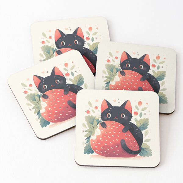Item preview, black cat on a strawberry designed and sold by MendaciousMina.