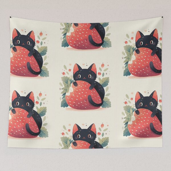 Item preview, black cat on a strawberry designed and sold by MendaciousMina.