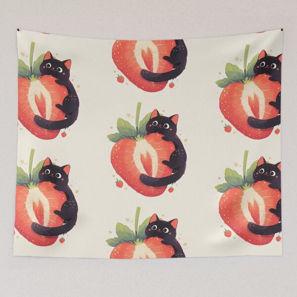 Item preview, black cat on a strawberry designed and sold by MendaciousMina.
