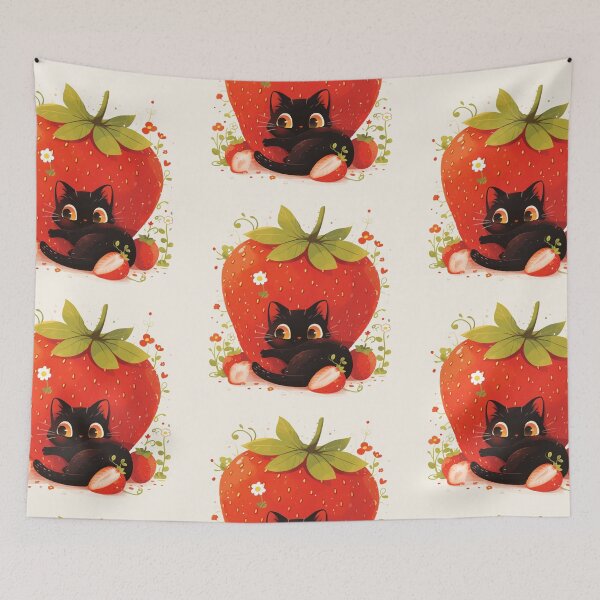 Item preview, black cat on a strawberry designed and sold by MendaciousMina.