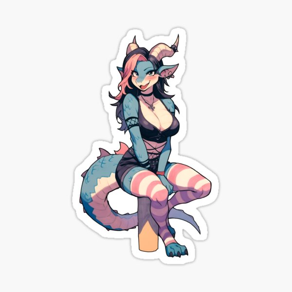Item preview, Playful Blue and Pink Dragon Girl with Horns Anime Art designed and sold by NoraNoraDesign.