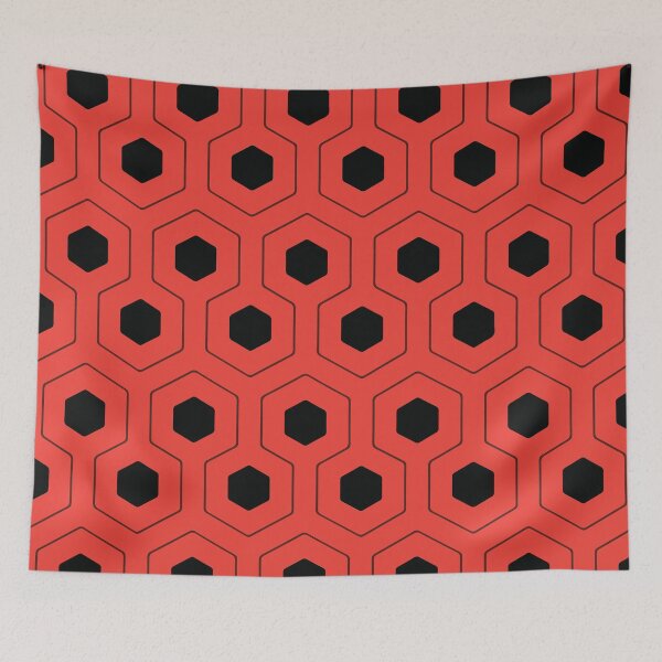 Item preview, A seamless pattern Design of interconnected hexagons red with smaller black hexagons at their centers creating a striking contrast. designed and sold by HEMRO.