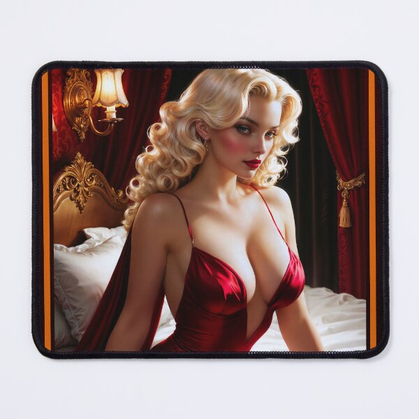Item preview, Sultry Pinup Platinum Blonde In Red Satin Gown Sitting On Her Bed Mesmerizing AI Concept Art by Xzendor7 designed and sold by Xzendor7 Digital Art Creations.