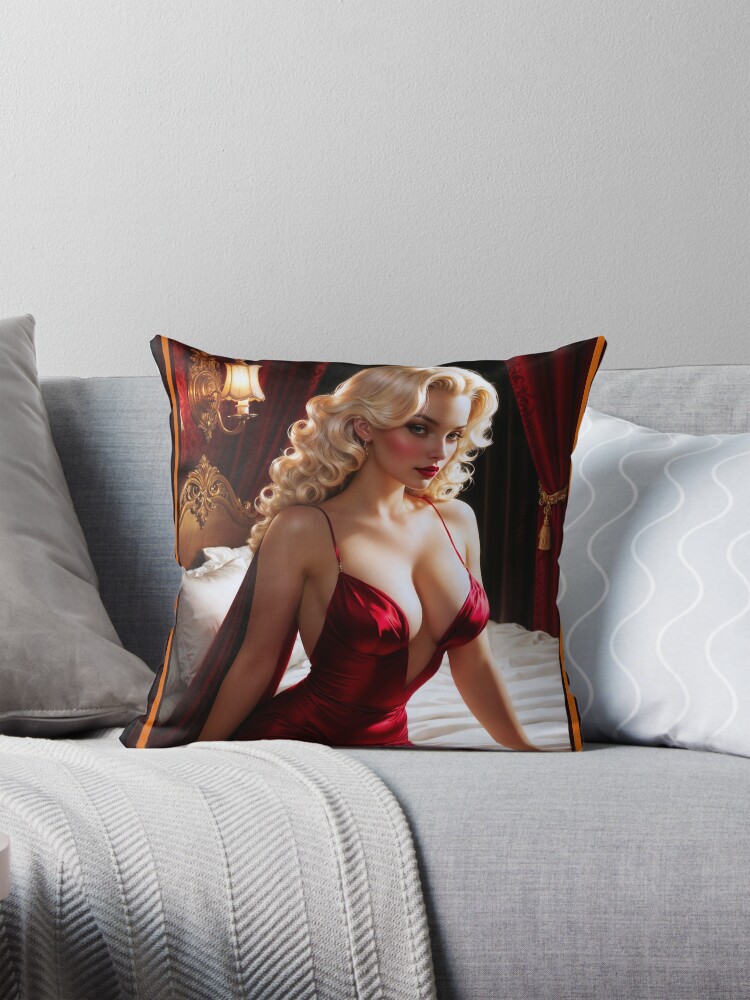 Sultry Pinup Platinum Blonde In Red Satin Gown Sitting On Her Bed Mesmerizing AI Concept Art by Xzendor7 Decorative Art Print Throw Pillow